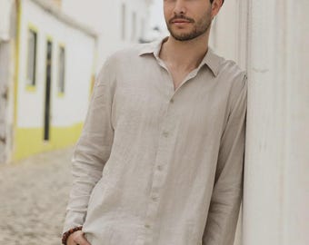 Linen Shirt for Men in Natural Flax - Fitted Long Sleeve Summer Shirt - Breathable Tailored Top - Smart Casual Wear CHICAGO