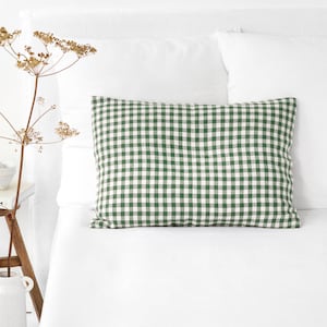 Forest Green Gingham Linen Pillowcase – Stonewashed Sham in Checkered Flax – Custom Breathable Pillow Cover – Cottagecore Bedding Accent
