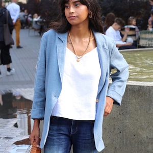 Loose linen blazer PLACID / Long sleeve light linen jacket / Linen womens clothing Gray blue