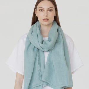 Teal Blue Linen Scarf – Lightweight Soft Stonewashed Wrap for Women, Men – Organic Statement Layer – Ethical Gift – Everyday Travel Shawl