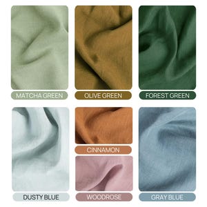 six fabric swatches in various earthy tones, including Matcha Green, Olive Green, Forest Green, Cinnamon, Dusty Blue, and Gray Blue. The colors may appear slightly different due to lighting and screen settings, so it is recommended to check the color options in the drop-down to confirm availability.