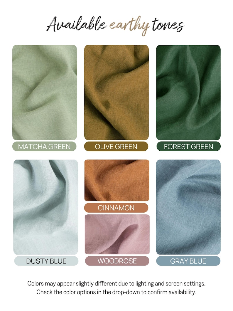 six fabric swatches in various earthy tones, including Matcha Green, Olive Green, Forest Green, Cinnamon, Dusty Blue, and Gray Blue. The colors may appear slightly different due to lighting and screen settings, so it is recommended to check the color options in the drop-down to confirm availability.