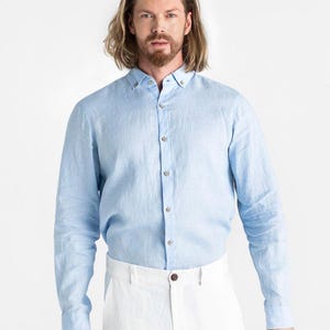 Camicia da uomo in lino azzurro cielo – Camicia da uomo in lino leggero a maniche lunghe – Camicia con bottoni dalla vestibilità comoda – Abbigliamento traspirante NEVADA immagine 4