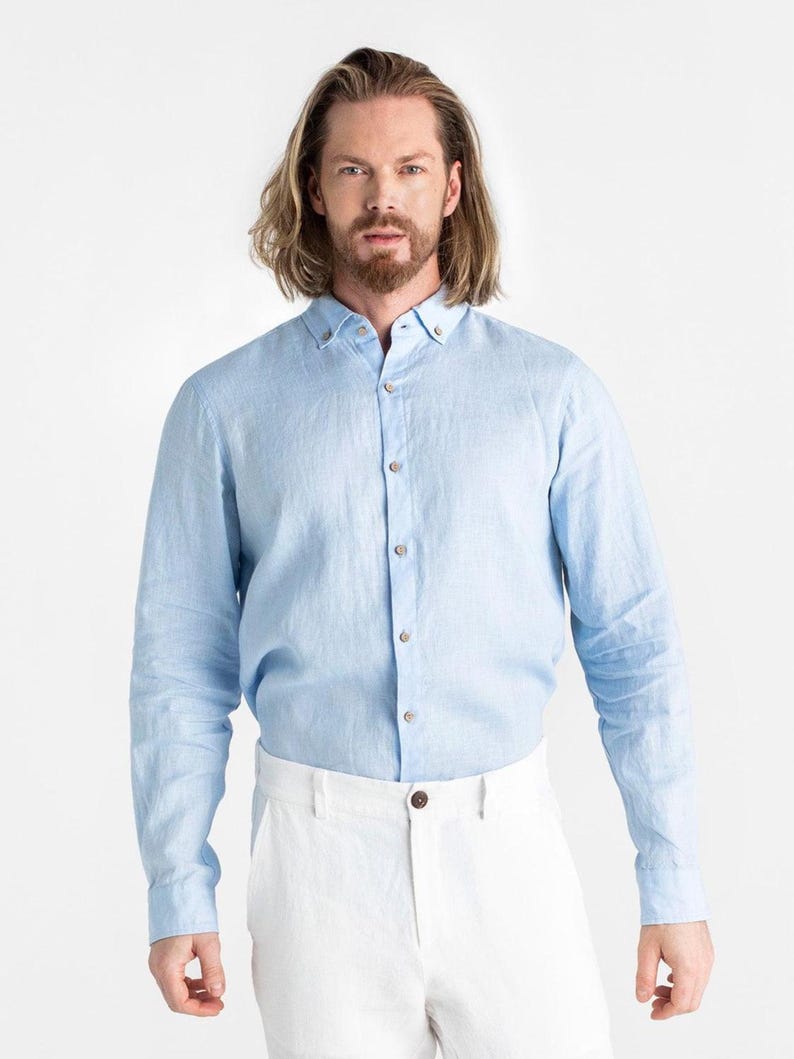 Camicia da uomo in lino azzurro cielo – Camicia da uomo in lino leggero a maniche lunghe – Camicia con bottoni dalla vestibilità comoda – Abbigliamento traspirante NEVADA immagine 4