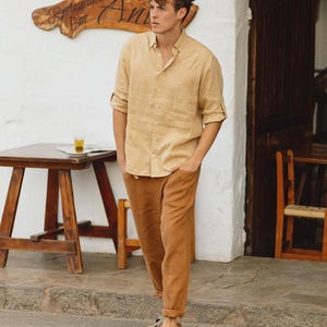 Natural Mens Linen Pants – Trousers with Elastic Waist and Cargo Pockets – Breathable Clothing - Lightweight Outfit TRUCKEE Cinnamon