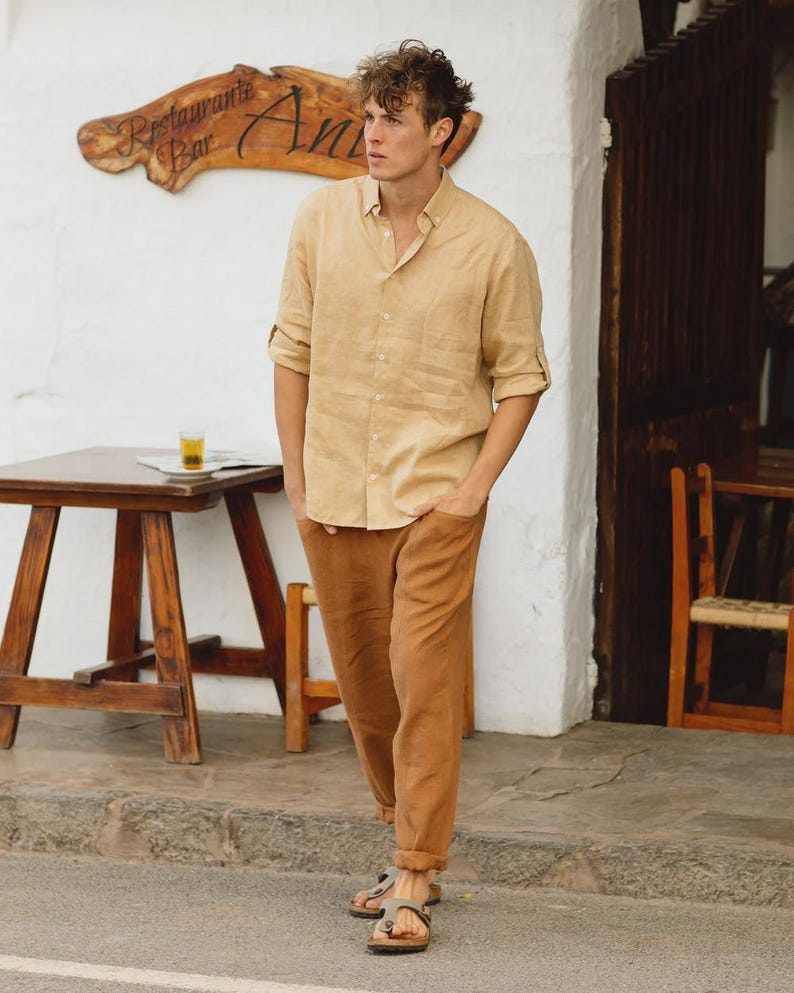 Natural Mens Linen Pants – Trousers with Elastic Waist and Cargo Pockets – Breathable Clothing - Lightweight Outfit TRUCKEE Cinnamon