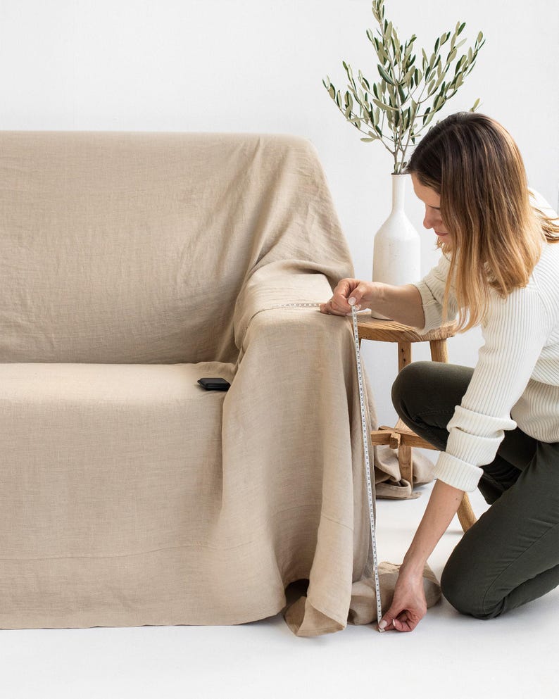 Bankhoes van natuurlijk linnen — Beige bankhoes — Sierhoes — Bankhoes op maat afbeelding 4