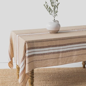 Nappe en lin à rayures françaises – Motif classique beige-brun – Rectangulaire, sur mesure – Lin européen lavé doux – Décoration de table rustique personnalisée