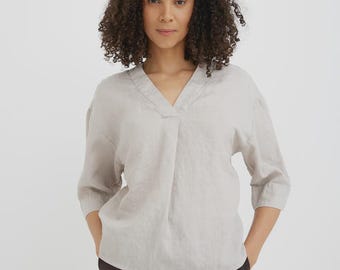 Natural Linen Top for Women - Relaxed A Line Blouse - V Neck Summer Top - Breathable Tunic - Capsule Wardrobe Clothing ST. TROPEZ