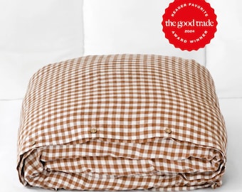 Cinnamon Gingham Linen Duvet Cover – Queen King Bedding – Breathable Stonewashed Comforter – Hypoallergenic Midweight OEKO TEX Flax Linen