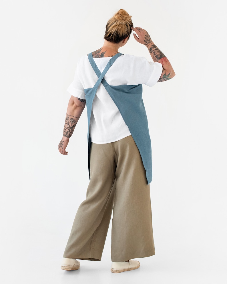 Japanese cross back linen apron. Japanese apron. Linen cross over apron. No ties linen apron. Pinafore apron for woman. image 4