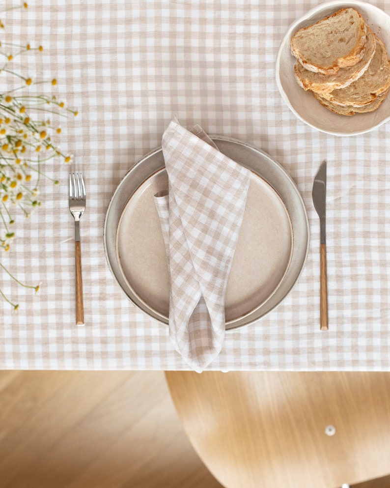 Juego de servilletas de lino de 2 en gingham natural / Servilletas de lino lavadas / Decoración de mesa, boda, servilletas rústicas y reutilizables Natural gingham