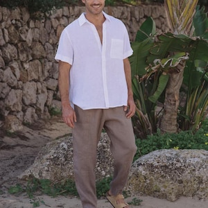 Mens Linen Pants – Cinnamon Trousers with Drawstring Waist and Cargo Pockets – Lightweight Wear - Breathable Outfit, Look TRUCKEE Deep taupe
