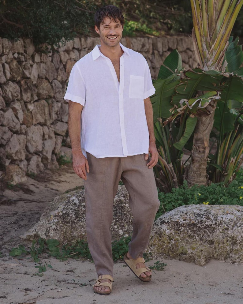 Mens Linen Pants – Cinnamon Trousers with Drawstring Waist and Cargo Pockets – Lightweight Wear - Breathable Outfit, Look TRUCKEE Deep taupe