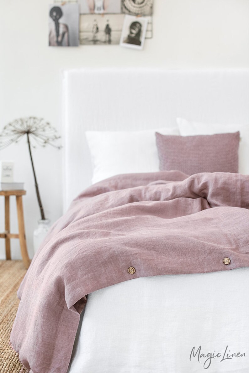 Linen duvet cover in Woodrose Dusty Pink. Washed linen bedding. Custom sizes. Farmhouse decor image 3