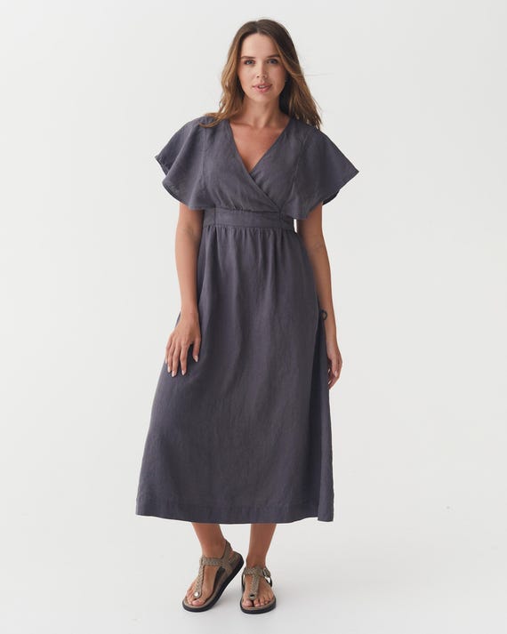 charcoal grey wrap dress Elegant Linen Wrap Dress in Anthracite - Sleeveless Maxi Gown - Flutter Sleeves for Weddings