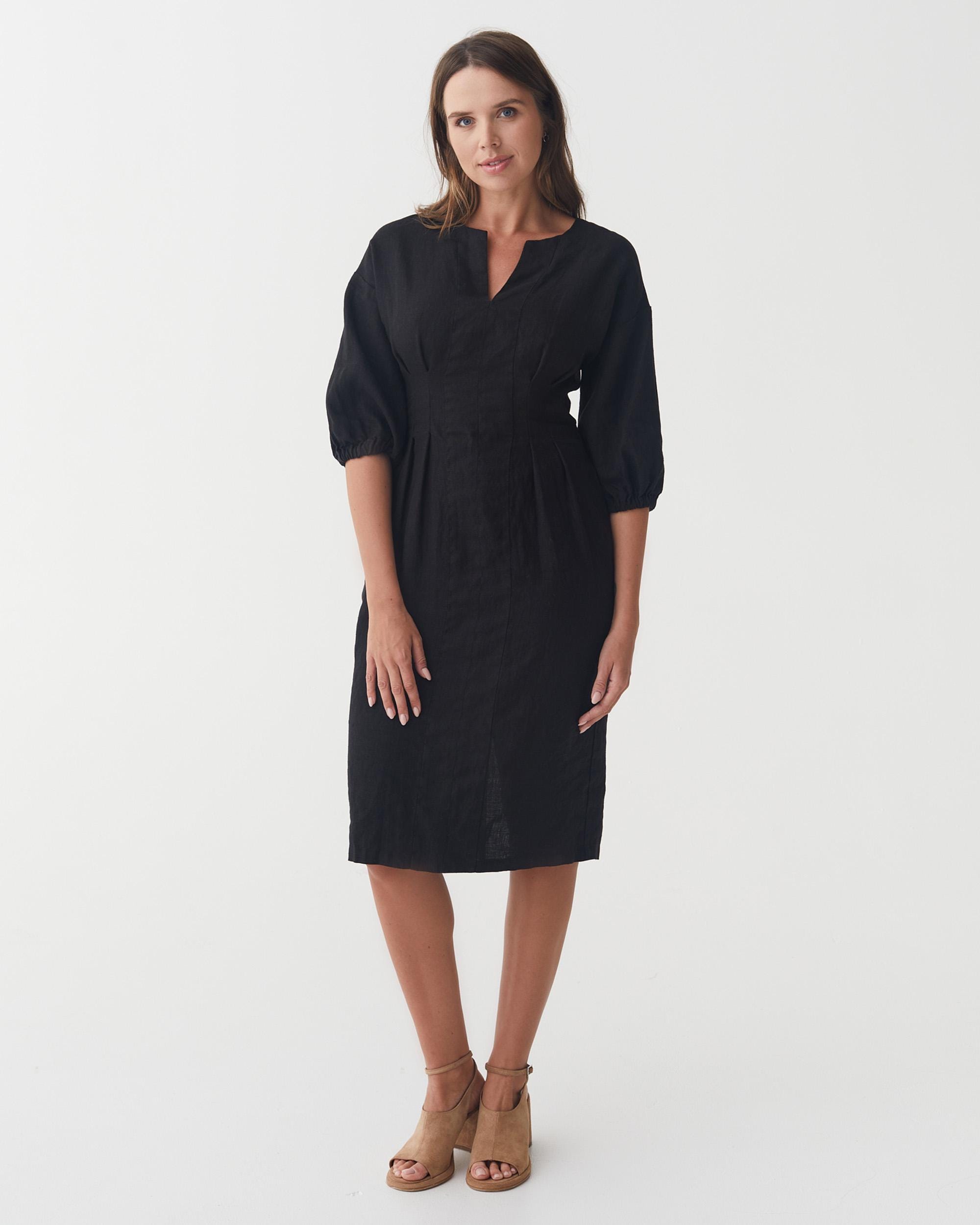 black linen puff sleeve dress & Other Stories Linen Puff Sleeve midaxi Dress with split in Black