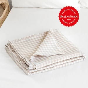 Drap plat en lin vichy naturel – Drap plat à carreaux neutres – Linge de lit doux lavé à la pierre – Style cottage intemporel – Tailles Queen et King