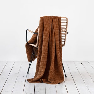 Linen throw in Cinnamon, waffle pattern. Linen throw blanket.