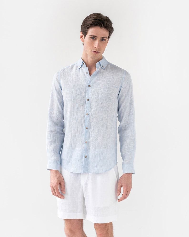 Linen shirt for men NEVADA. Long sleeve, classic linen shirt with buttons. Summer shirt. Linen clothing for men Pinstripe blue