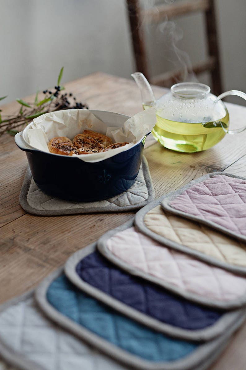 Linen pot holder. Various colors. Quilted linen pot holder. Etsy