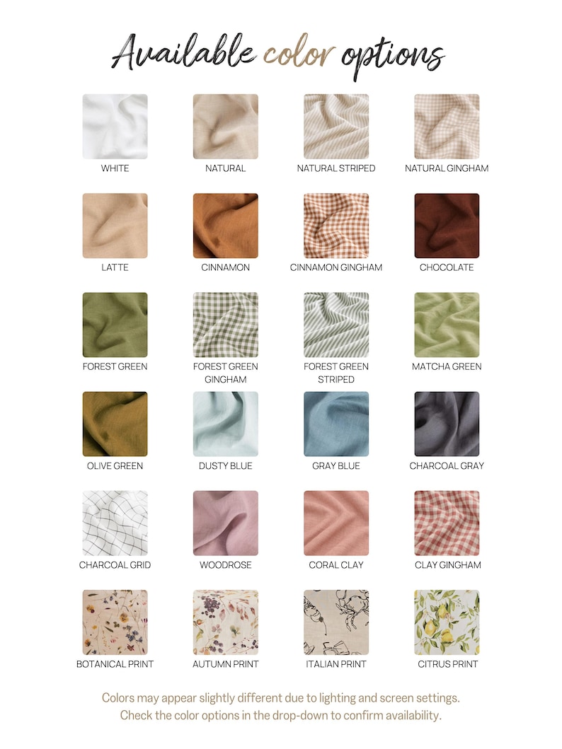 a variety of fabric swatches in different colors and patterns, including white, natural, natural striped, natural gingham, latte, cinnamon, chocolate, forest green, forest green striped, matcha green, forest green, forest green striped, matcha green, olive green, dusty blue, gray, charcoal gray, and more.