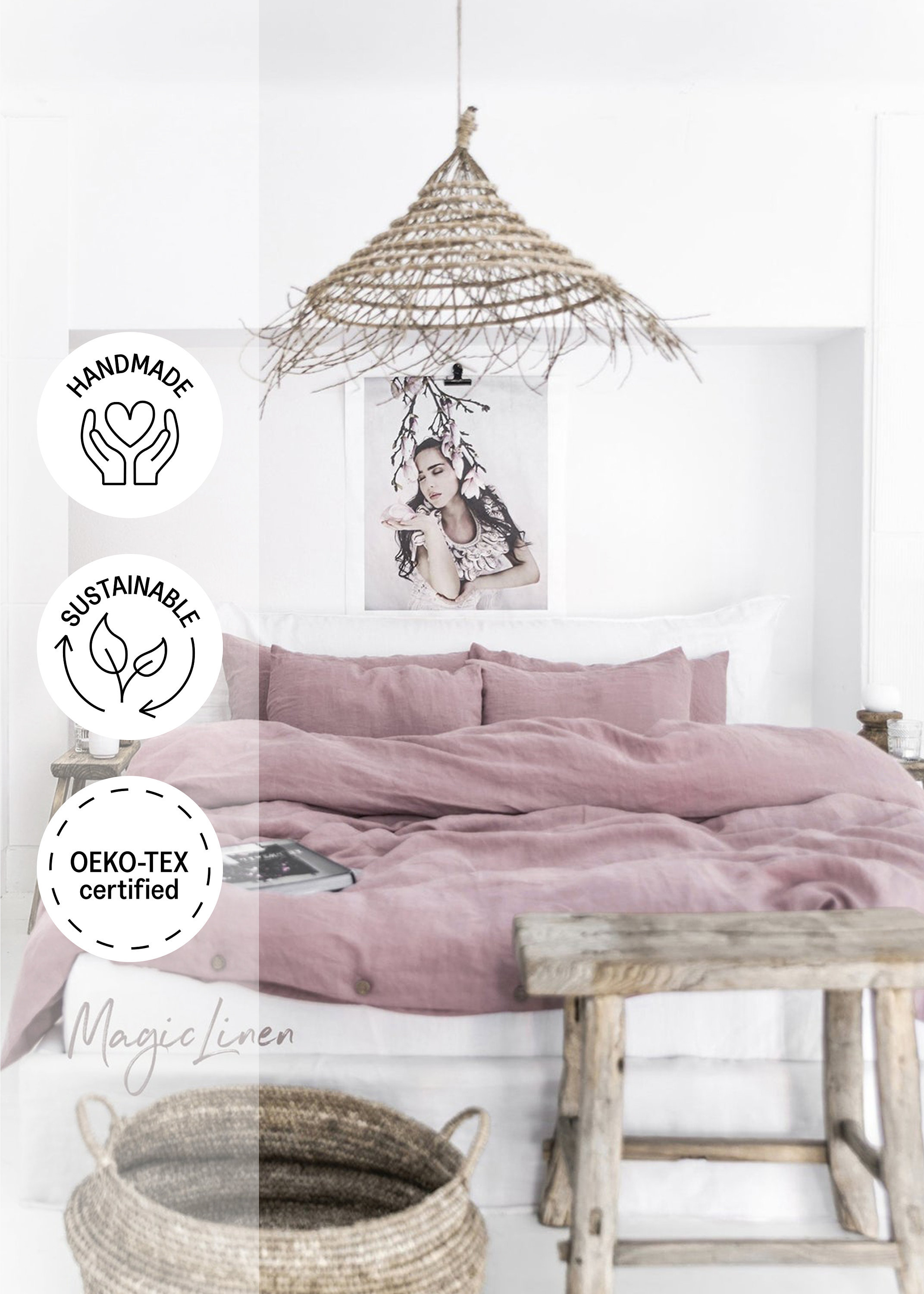 Literie en Lin Woodrose | Dusty Pink. Housse de Couette Lavé King/Queen avec 2 Taies d'oreiller.