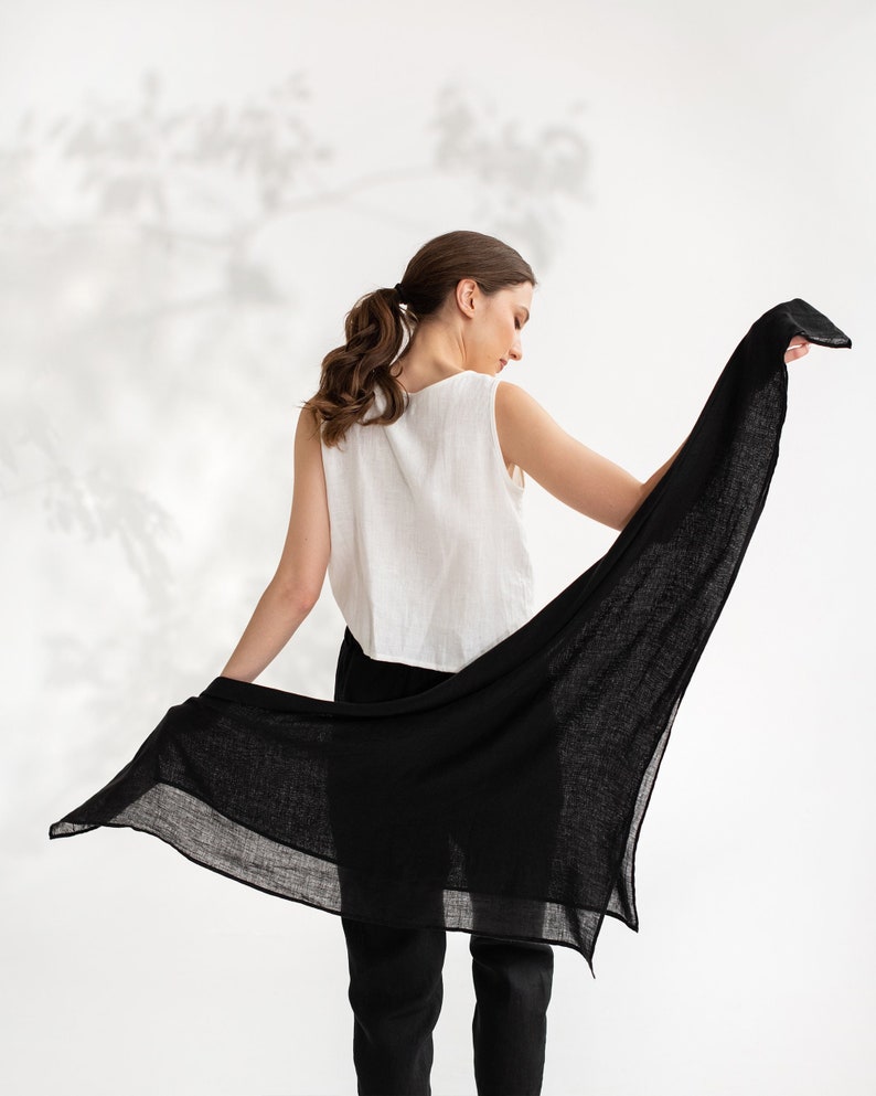 Black linen shawl / Scarves for women / Handmade, stone washed, lightweight scarf / Gift for her image 2