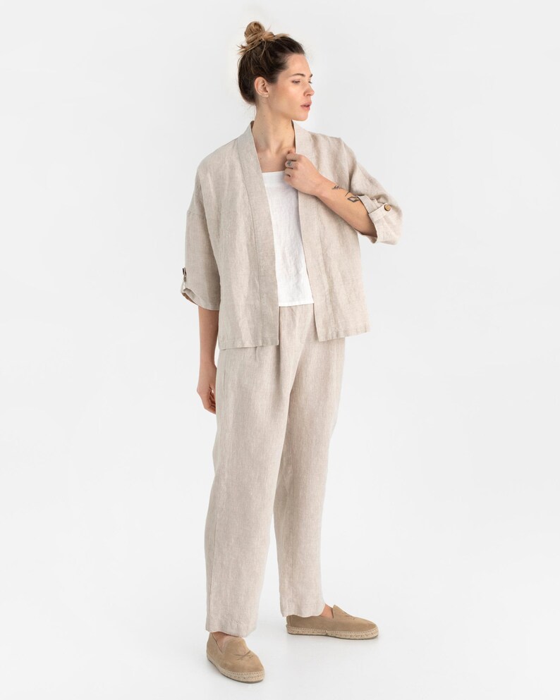 Linen blazer BANOS. White cardigan. Linen kimono jacket, open front cardigan. Linen top for women, loose fit Natural melange