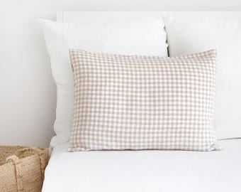 Natural Gingham Linen Pillowcase – Soft Stonewashed Sham – Custom Size Breathable Flax Cushion Cover – Rustic Neutral Bedding Accent