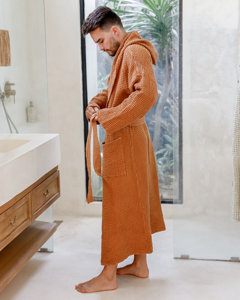 Men's linen waffle robe / Unisex linen robe / Waffle bath robe for men / Loungwear for men image 3