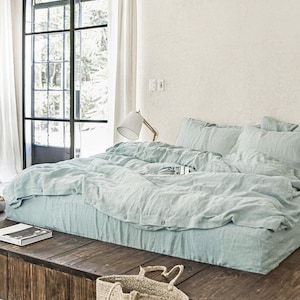 Juego de sábanas de lino azul polvoriento – Ropa de cama Coastal Stonewashed – Sábana encimera transpirable, sábana ajustable, fundas de almohada – Lino puro con certificación OEKO-TEX imagen 2