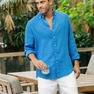 Sage Green Linen Shirt for Men – Long Sleeve Lightweight Button Down Shirt – Relaxed Fit Shirt – Natural Style SINTRA Cobalt blue