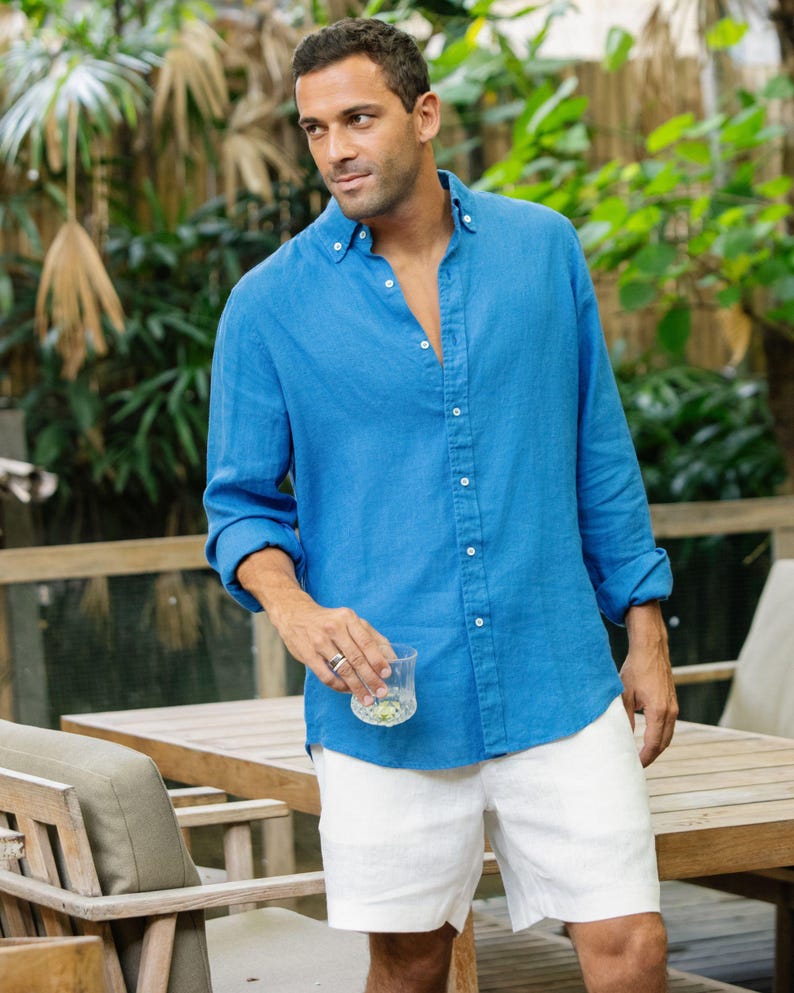 Sage Green Linen Shirt for Men – Long Sleeve Lightweight Button Down Shirt – Relaxed Fit Shirt – Natural Style SINTRA Cobalt blue