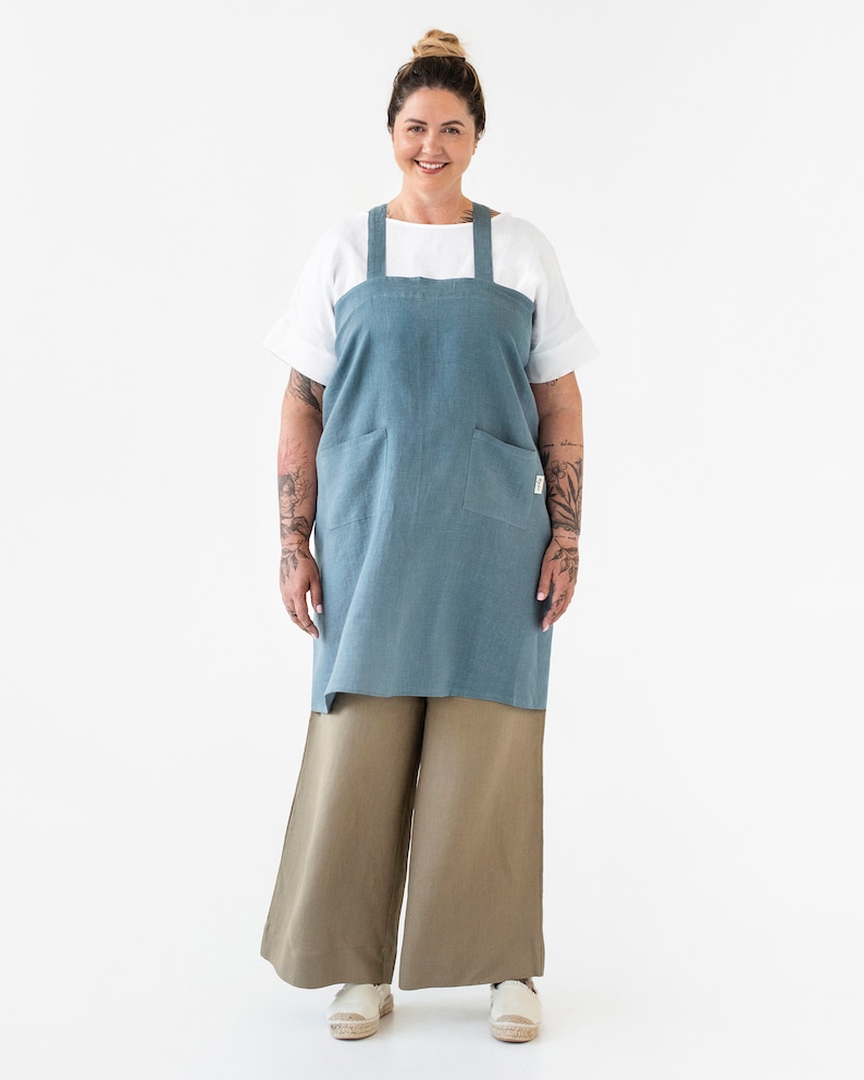 Japanese cross back linen apron 50% Off. Japanese apron. Linen cross over apron. No ties linen apron. Pinafore apron for woman. Gray blue