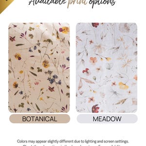 The image is an advertisement for print options, featuring two floral print designs: "Botanical" and "Meadow". The text indicates that the colors may appear slightly different due to lighting and screen settings, and that the color options are available in the drop-down to confirm availability.