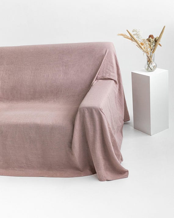 Woodrose Linen Couch Cover – Stonewashed Washable Sofa Throw – Soft Pink Cotton Linen Blend – Pet Friendly Neutral Living Room Decor