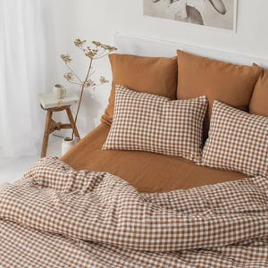 Cinnamon Gingham Linen Duvet Cover – Queen King Bedding – Breathable Stonewashed Comforter – Hypoallergenic Midweight OEKO TEX Flax Linen