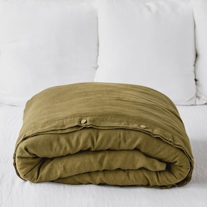 Olive Green Linen Duvet Cover – Stone Washed Midweight Flax Bedding – Custom Size OEKO-TEX Certified Cover – Calm Earthy Bedroom Decor