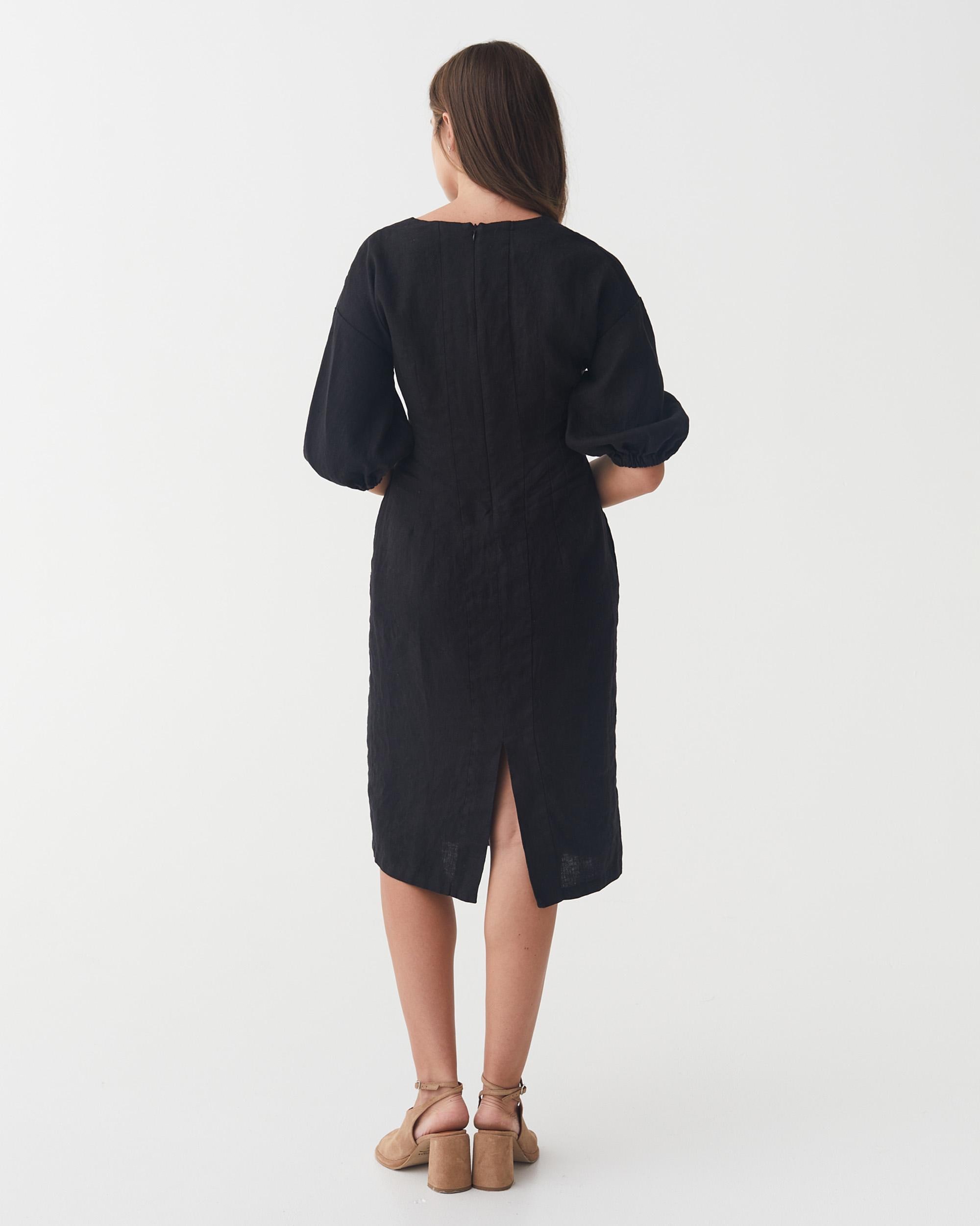 Puff Sleeve Linen Dress - Black Midi Dress with Balloon Sleeves - Flowy Fall Wedding Guest Outfit - Evening, Resort, Vacation Dress BORNEO Puff Sleeve Linen Dress - Black Midi Dress with Balloon Sleeves - Flowy Fall Wedding Guest Outfit - Evening, Resort, Vacation Dress BORNEO