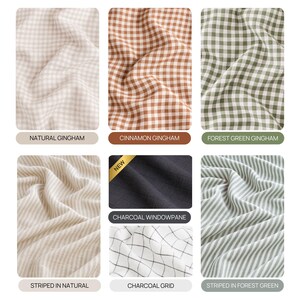 a variety of fabric patterns available for purchase, including natural gingham, cinnamon gingham, forest green gingham, charcoal windowpane, and striped in natural and charcoal grid. The colors may appear slightly different due to lighting and screen settings, so it is recommended to check the color options in the drop-down to confirm availability.