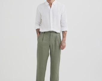 Men Linen Pants in Green – Relaxed Straight Leg Trousers – Breathable for Summer – Elastic Waist Tailored Fit – Smart Casual Wear BERLIN