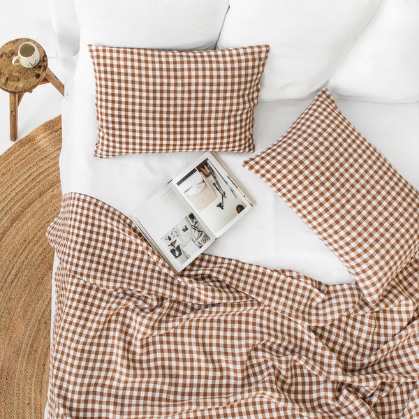 Linen flat sheet in Cinnamon gingham. Custom size bed sheets. Queen King sizes. Farmhouse bedding