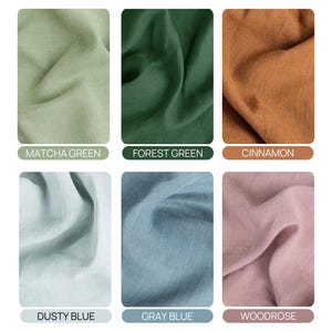 six fabric swatches in various earthy tones, including Matcha Green, Forest Green, Cinnamon, Dusty Blue, Gray Blue, and Woodrose. The colors may appear slightly different due to lighting and screen settings, so check the color options in the drop-down to confirm availability.