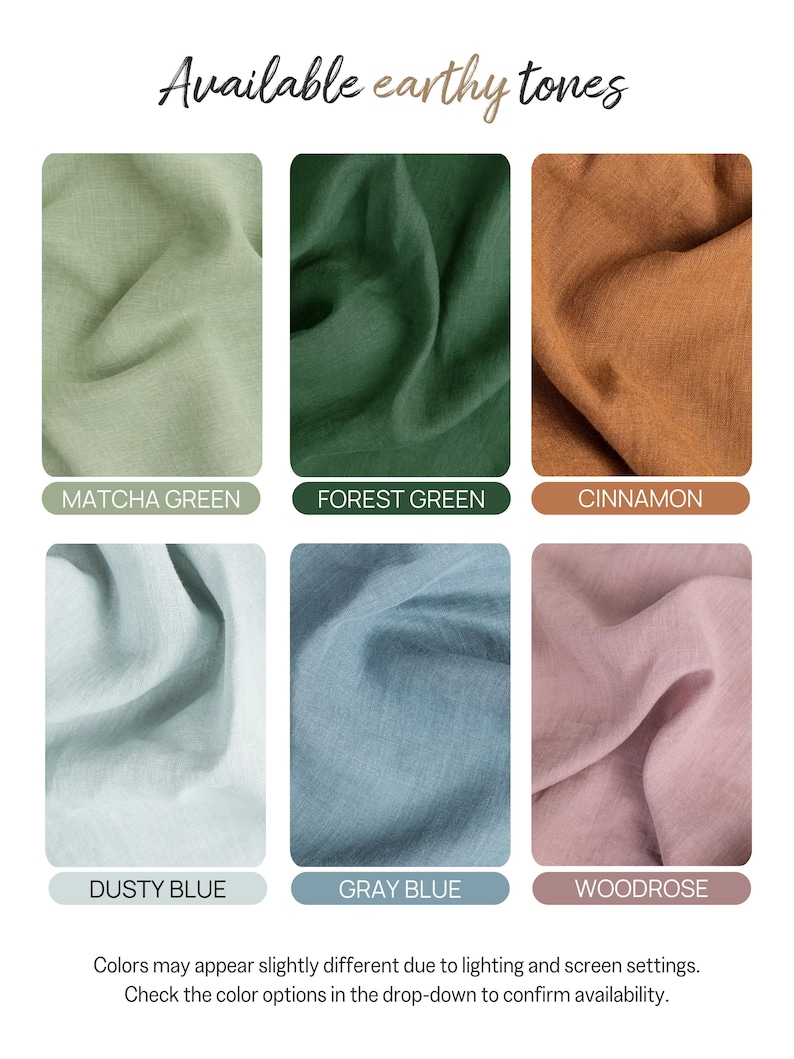 six fabric swatches in various earthy tones, including Matcha Green, Forest Green, Cinnamon, Dusty Blue, Gray Blue, and Woodrose. The colors may appear slightly different due to lighting and screen settings, so check the color options in the drop-down to confirm availability.