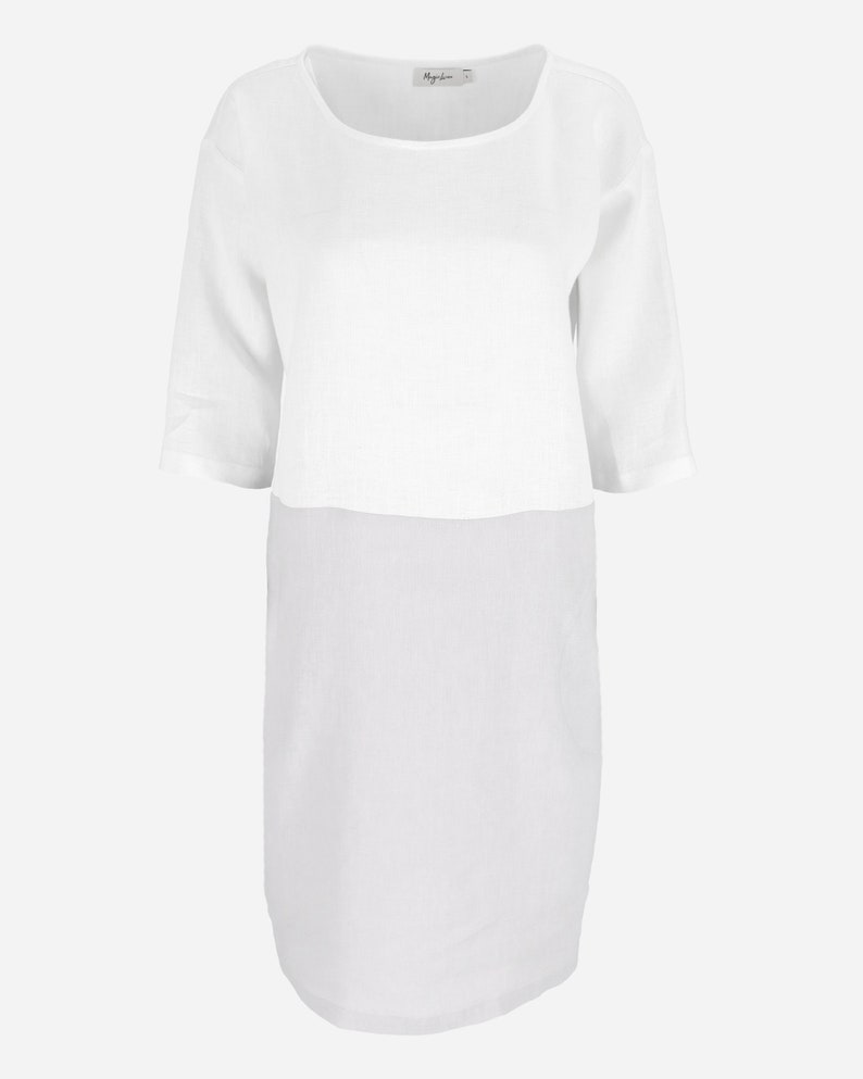 Color-block linen dress ADRIA / Midi white and gray linen tunic dress image 3