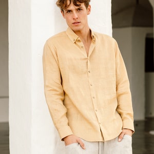 Linen shirt for men NEVADA. Long sleeve, classic linen shirt with buttons. Summer shirt. Linen clothing for men Sandy beige