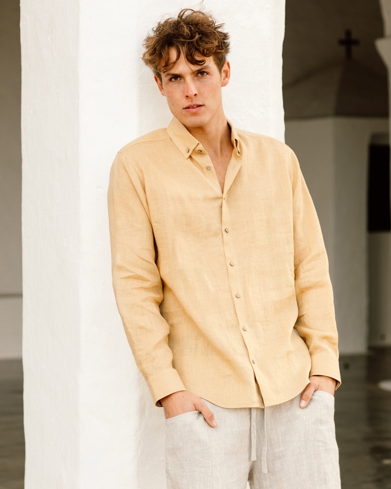 Linen shirt for men NEVADA. Long sleeve, classic linen shirt with buttons. Summer shirt. Linen clothing for men Sandy beige