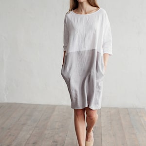 Color-block linen dress ADRIA / Midi white and gray linen tunic dress image 6