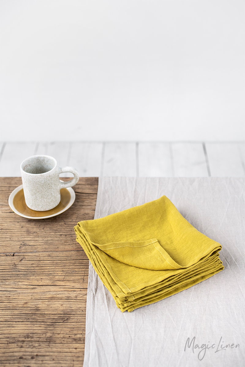 Ensemble de Serviettes en Lin Jaune Mousse 2. Serviettes Tissu Lavées. Décoration Table, Linge Table